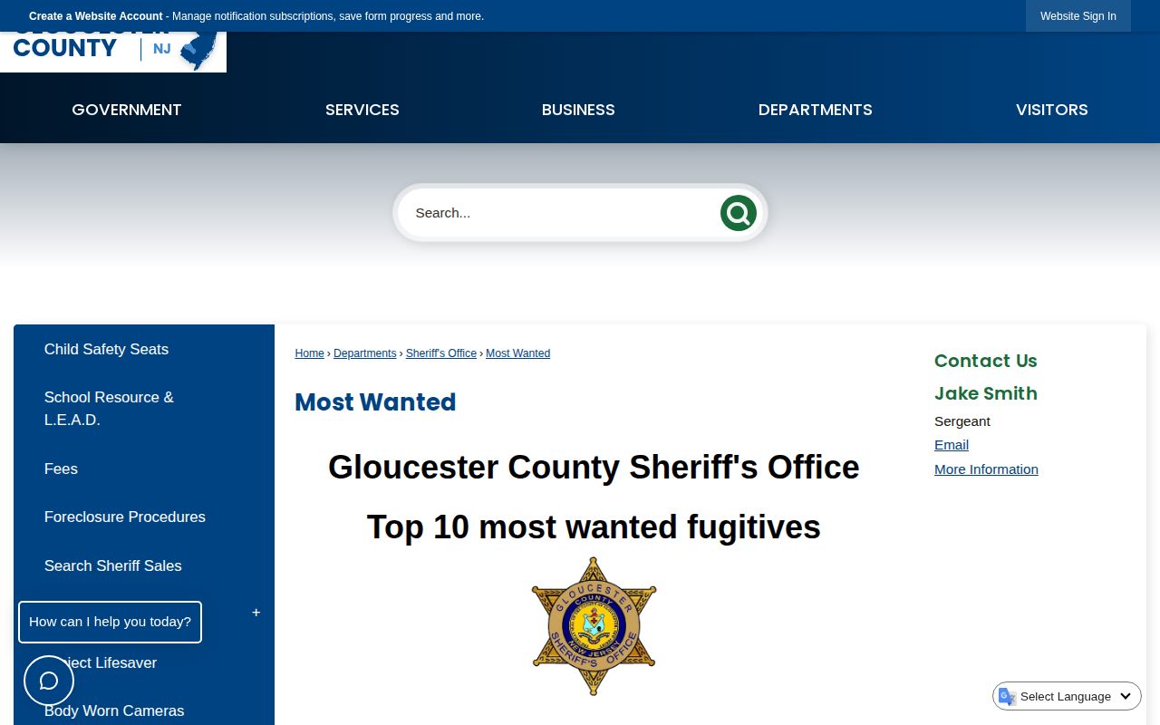 Gloucester County official Top 10 wanted-list interface